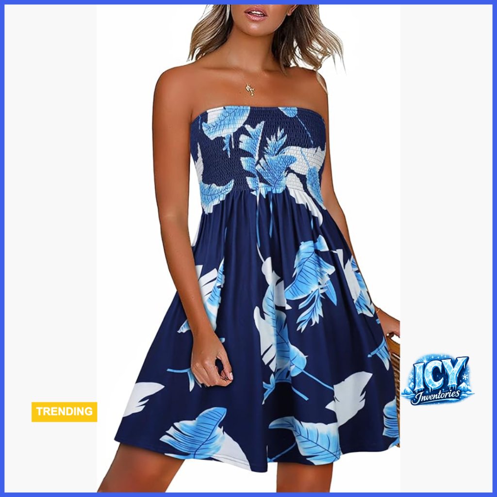 Strapless Boho Floral Print Sundress, Polyester Spandex Fabric, Beach Cover Up